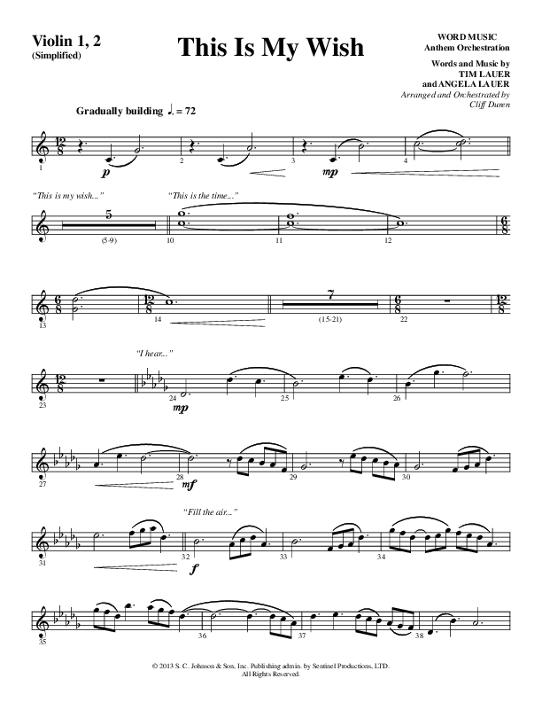 This Is My Wish (Choral Anthem SATB) Violin 1/2 (Word Music Choral / Arr. Cliff Duren)