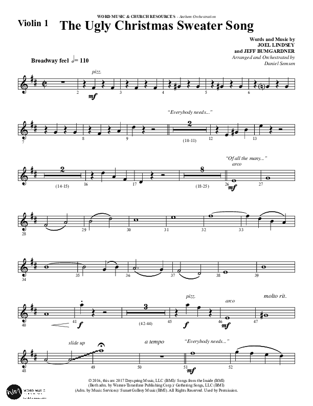 The Ugly Christmas Sweater Song (Choral Anthem SATB) Violin 1 (Word Music Choral / Arr. Daniel Semsen)