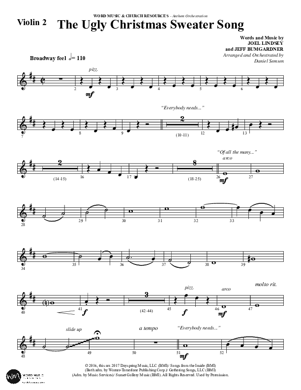The Ugly Christmas Sweater Song (Choral Anthem SATB) Violin 2 (Word Music Choral / Arr. Daniel Semsen)