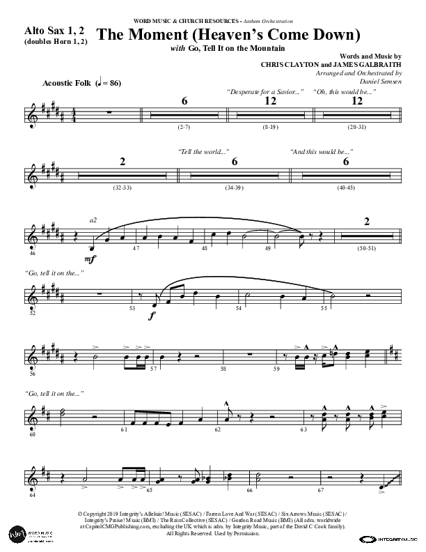 The Moment (Heaven's Come Down) (Choral Anthem SATB) Alto Sax 1/2 (Word Music Choral / Arr. Daniel Semsen)