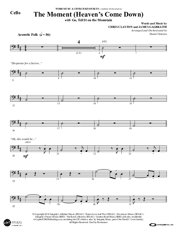 The Moment (Heaven's Come Down) (Choral Anthem SATB) Cello (Word Music Choral / Arr. Daniel Semsen)