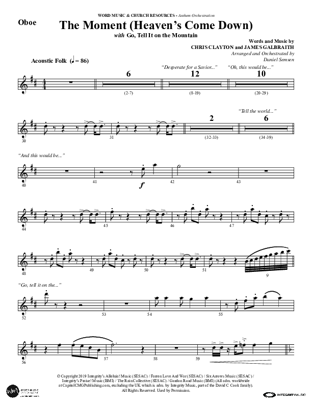 The Moment (Heaven's Come Down) (Choral Anthem SATB) Oboe (Word Music Choral / Arr. Daniel Semsen)