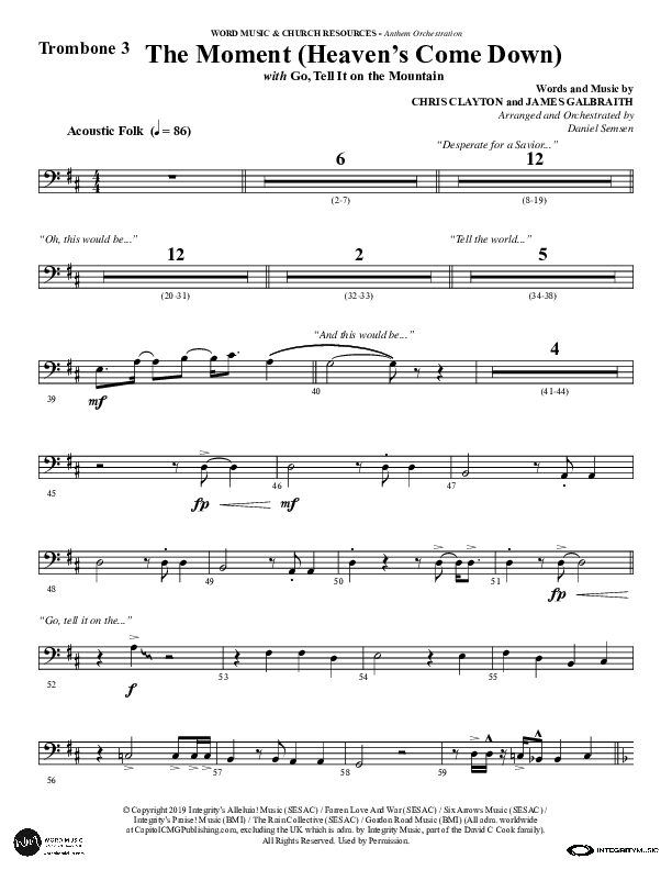 The Moment (Heaven's Come Down) (Choral Anthem SATB) Trombone 3 (Word Music Choral / Arr. Daniel Semsen)