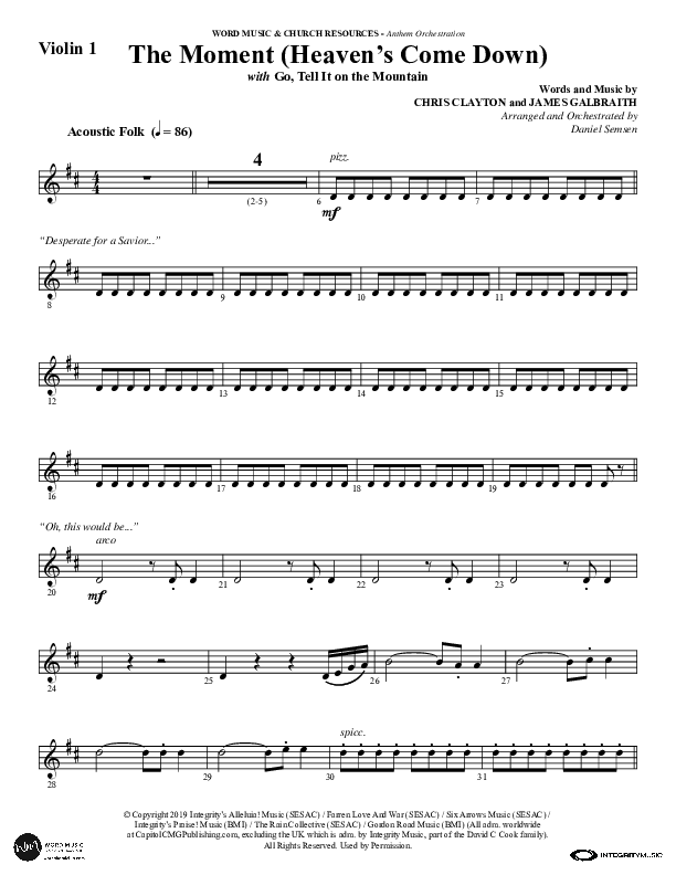 The Moment (Heaven's Come Down) (Choral Anthem SATB) Violin 1 (Word Music Choral / Arr. Daniel Semsen)