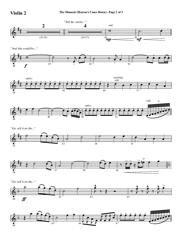 The Moment (Heaven's Come Down) (Choral Anthem SATB) Violin 2 (Word Music Choral / Arr. Daniel Semsen)