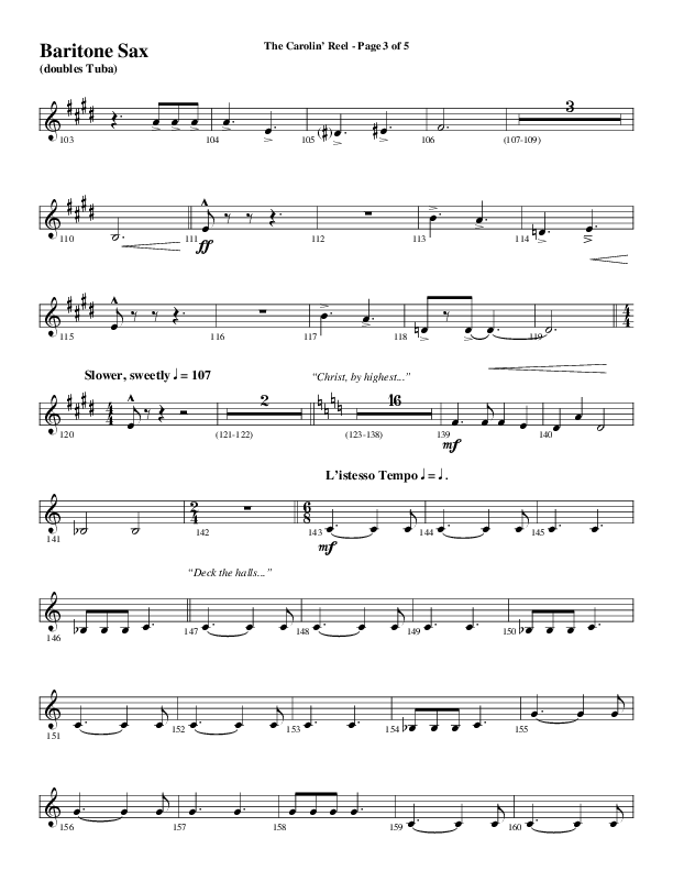 The Carolin' Reel (Choral Anthem SATB) Bari Sax (Word Music Choral / Arr. Daniel Semsen)