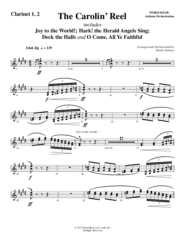 The Carolin' Reel (Choral Anthem SATB) Clarinet 1/2 (Word Music Choral / Arr. Daniel Semsen)
