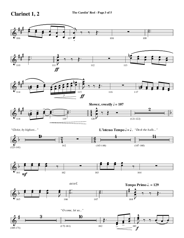 The Carolin' Reel (Choral Anthem SATB) Clarinet 1/2 (Word Music Choral / Arr. Daniel Semsen)