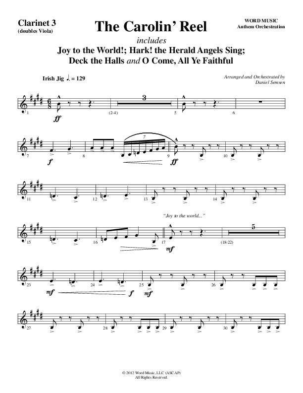 The Carolin' Reel (Choral Anthem SATB) Clarinet 3 (Word Music Choral / Arr. Daniel Semsen)