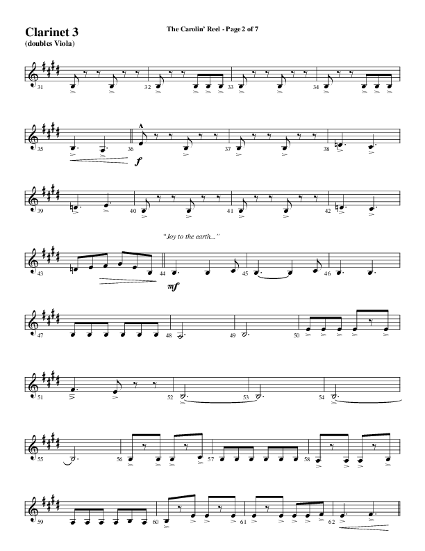 The Carolin' Reel (Choral Anthem SATB) Clarinet 3 (Word Music Choral / Arr. Daniel Semsen)