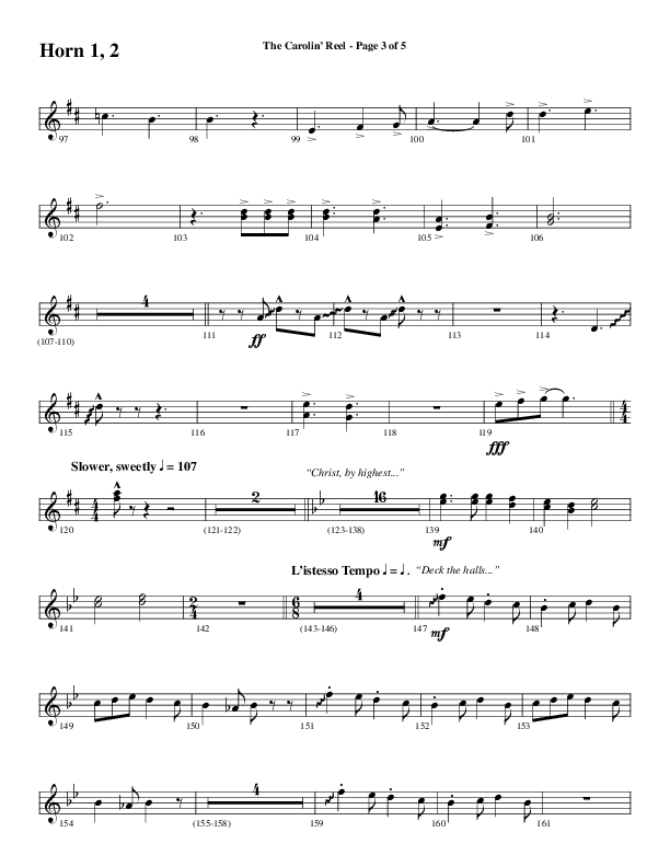 The Carolin' Reel (Choral Anthem SATB) French Horn 1/2 (Word Music Choral / Arr. Daniel Semsen)