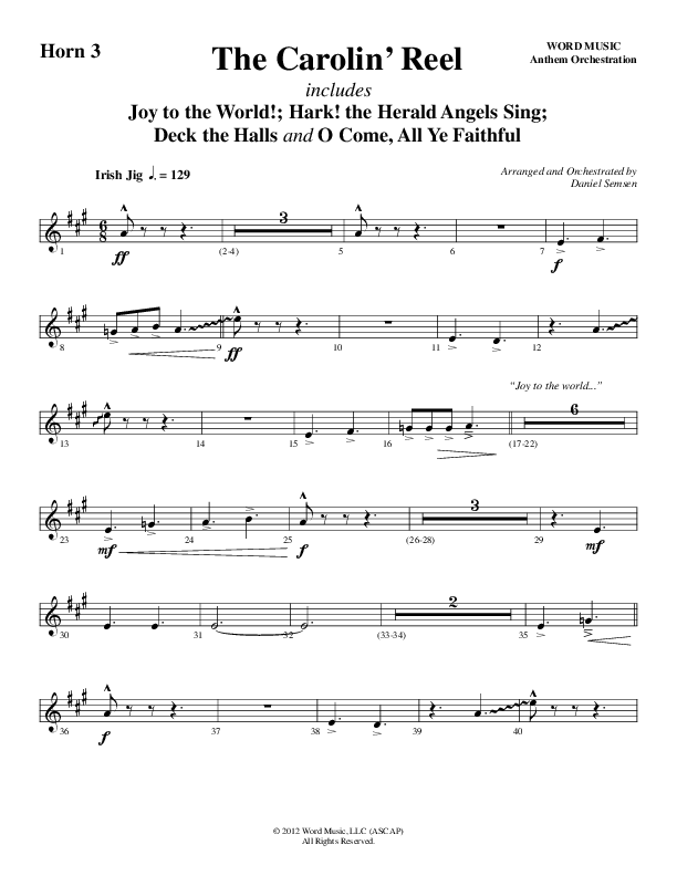 The Carolin' Reel (Choral Anthem SATB) French Horn 3 (Word Music Choral / Arr. Daniel Semsen)
