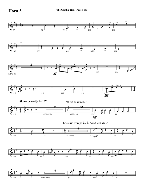 The Carolin' Reel (Choral Anthem SATB) French Horn 3 (Word Music Choral / Arr. Daniel Semsen)