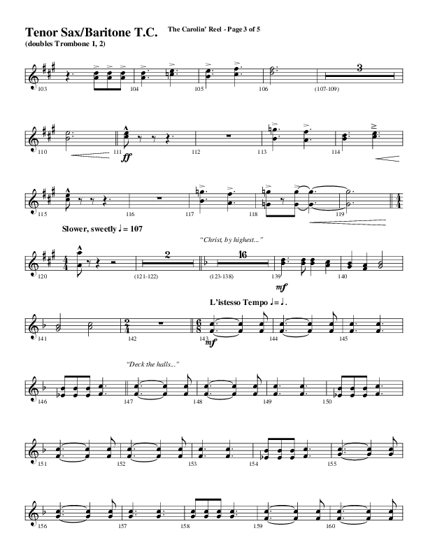 The Carolin' Reel (Choral Anthem SATB) Tenor Sax/Baritone T.C. (Word Music Choral / Arr. Daniel Semsen)