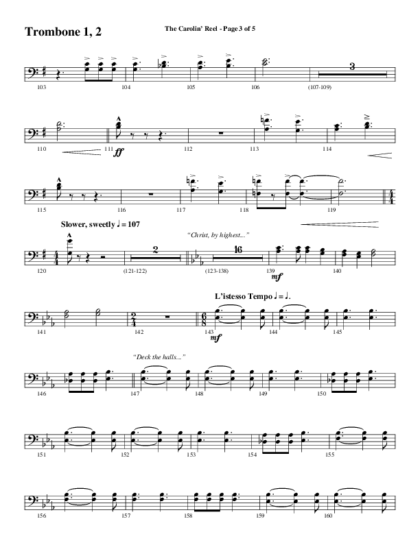 The Carolin' Reel (Choral Anthem SATB) Trombone 1/2 (Word Music Choral / Arr. Daniel Semsen)