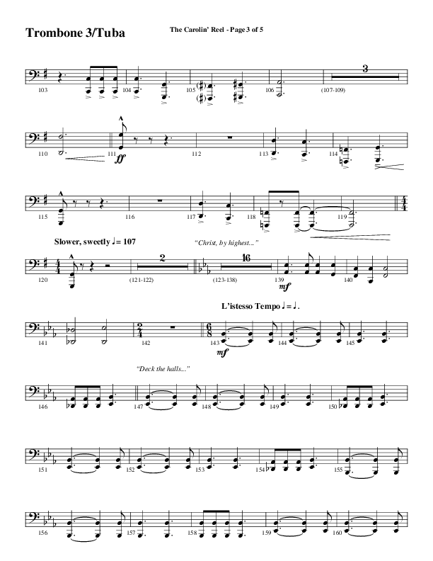 The Carolin' Reel (Choral Anthem SATB) Trombone 3/Tuba (Word Music Choral / Arr. Daniel Semsen)