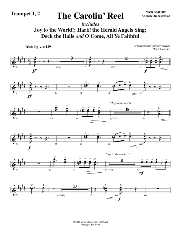 The Carolin' Reel (Choral Anthem SATB) Trumpet 1,2 (Word Music Choral / Arr. Daniel Semsen)