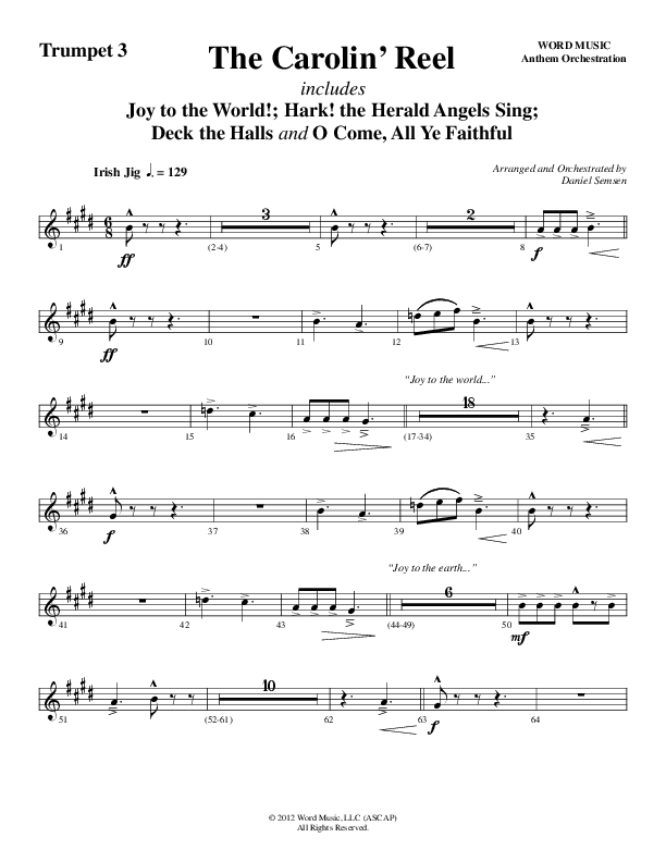 The Carolin' Reel (Choral Anthem SATB) Trumpet 3 (Word Music Choral / Arr. Daniel Semsen)