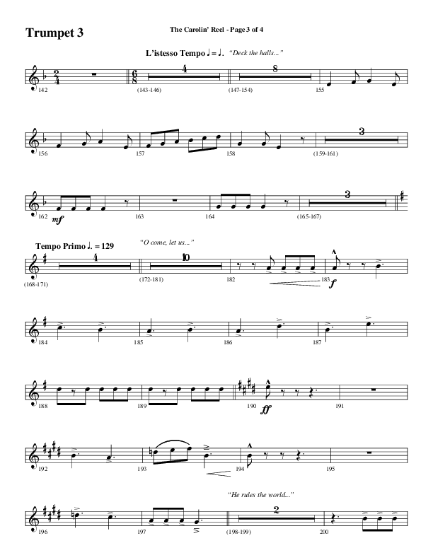 The Carolin' Reel (Choral Anthem SATB) Trumpet 3 (Word Music Choral / Arr. Daniel Semsen)