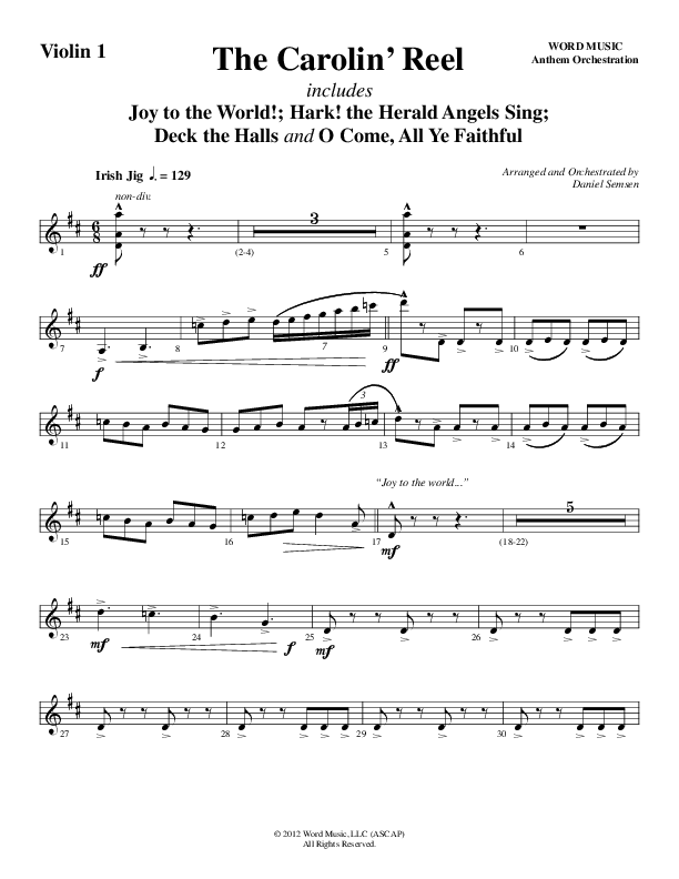 The Carolin' Reel (Choral Anthem SATB) Violin 1 (Word Music Choral / Arr. Daniel Semsen)