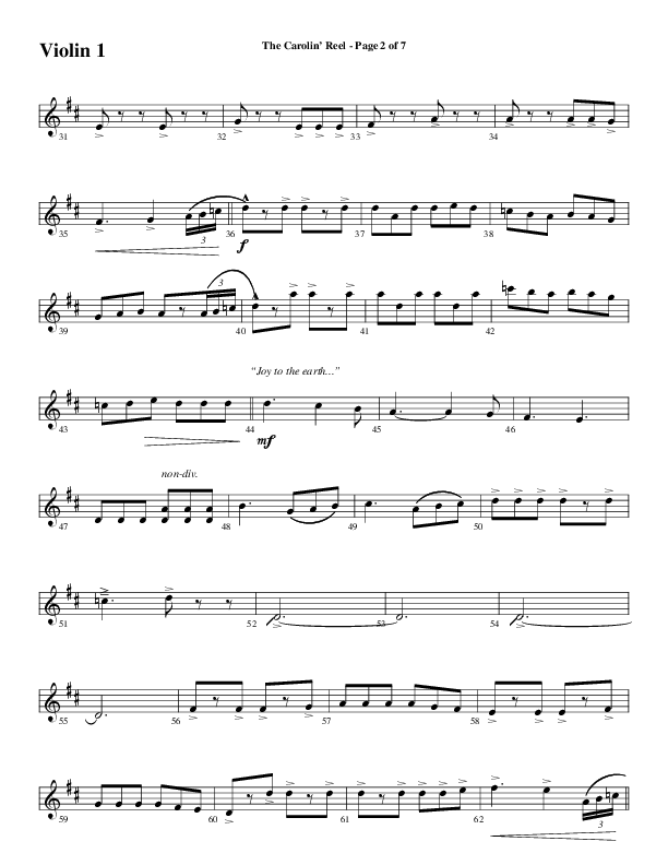 The Carolin' Reel (Choral Anthem SATB) Violin 1 (Word Music Choral / Arr. Daniel Semsen)