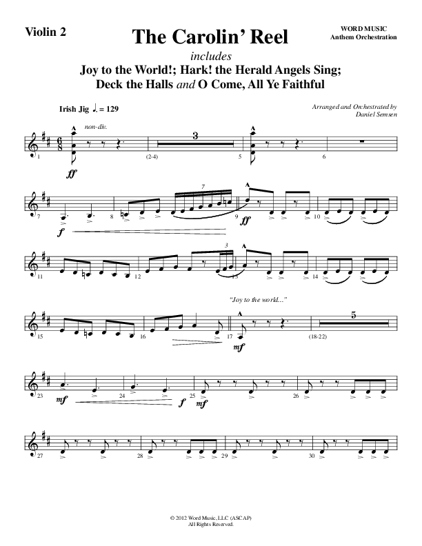 The Carolin' Reel (Choral Anthem SATB) Violin 2 (Word Music Choral / Arr. Daniel Semsen)