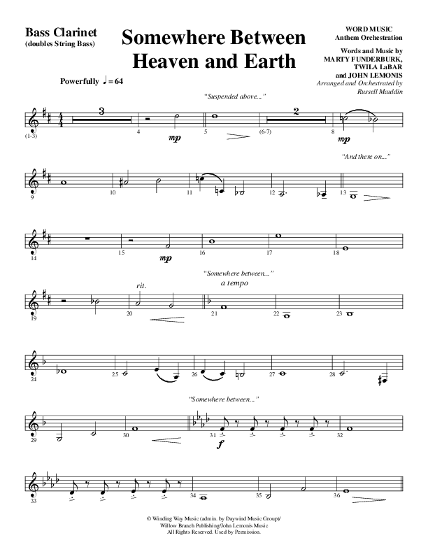 Somewhere Between Heaven And Earth (Choral Anthem SATB) Bass Clarinet (Word Music Choral / Arr. Russell Mauldin)