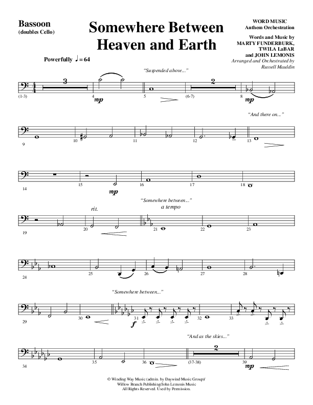 Somewhere Between Heaven And Earth (Choral Anthem SATB) Bassoon (Word Music Choral / Arr. Russell Mauldin)