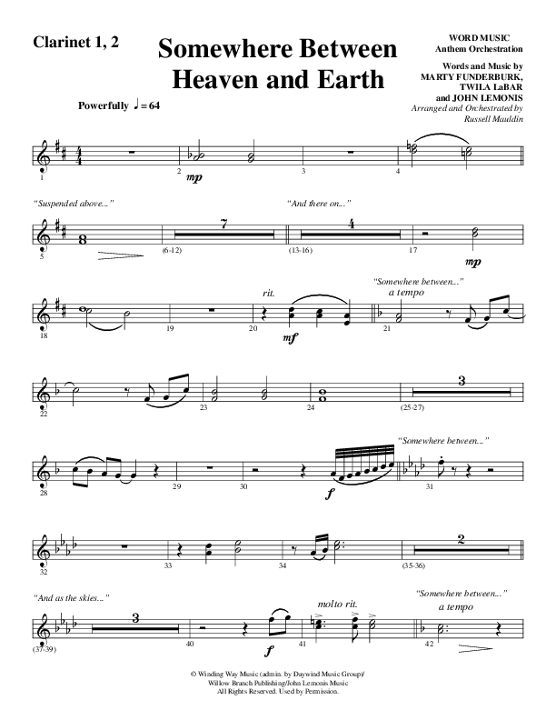 Somewhere Between Heaven And Earth (Choral Anthem SATB) Clarinet 1/2 (Word Music Choral / Arr. Russell Mauldin)