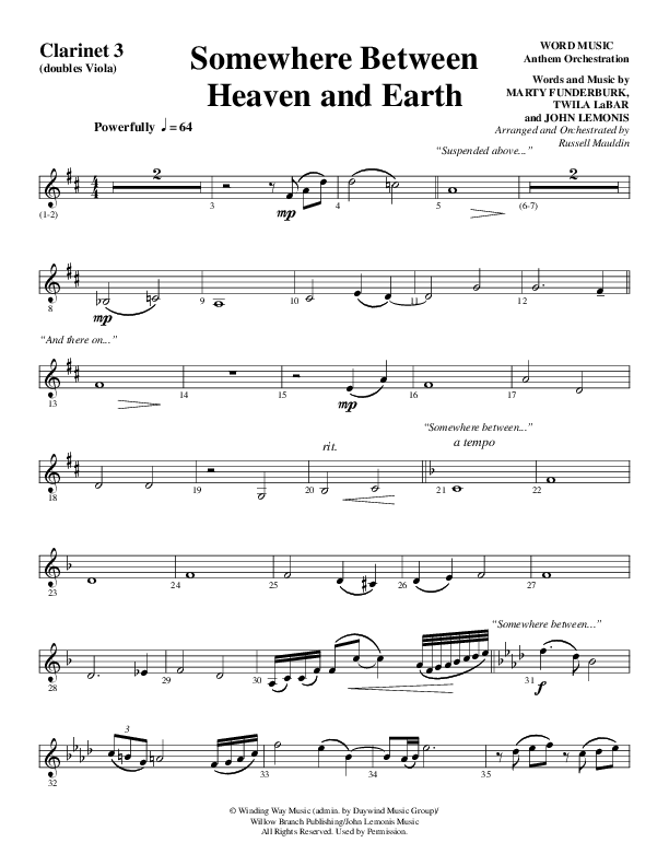 Somewhere Between Heaven And Earth (Choral Anthem SATB) Clarinet 3 (Word Music Choral / Arr. Russell Mauldin)