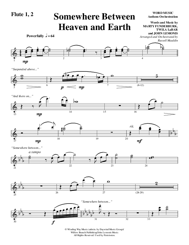 Somewhere Between Heaven And Earth (Choral Anthem SATB) Flute 1/2 (Word Music Choral / Arr. Russell Mauldin)