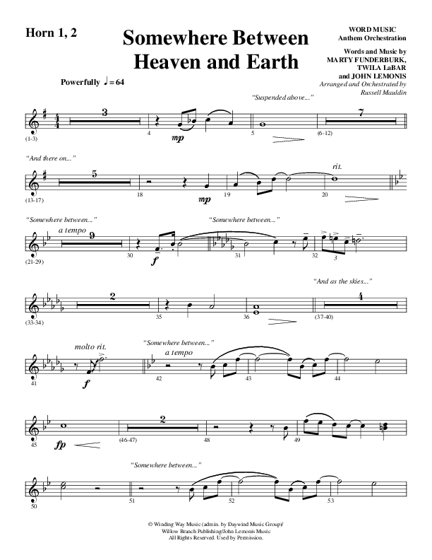 Somewhere Between Heaven And Earth (Choral Anthem SATB) French Horn 1/2 (Word Music Choral / Arr. Russell Mauldin)