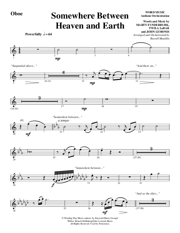 Somewhere Between Heaven And Earth (Choral Anthem SATB) Oboe (Word Music Choral / Arr. Russell Mauldin)