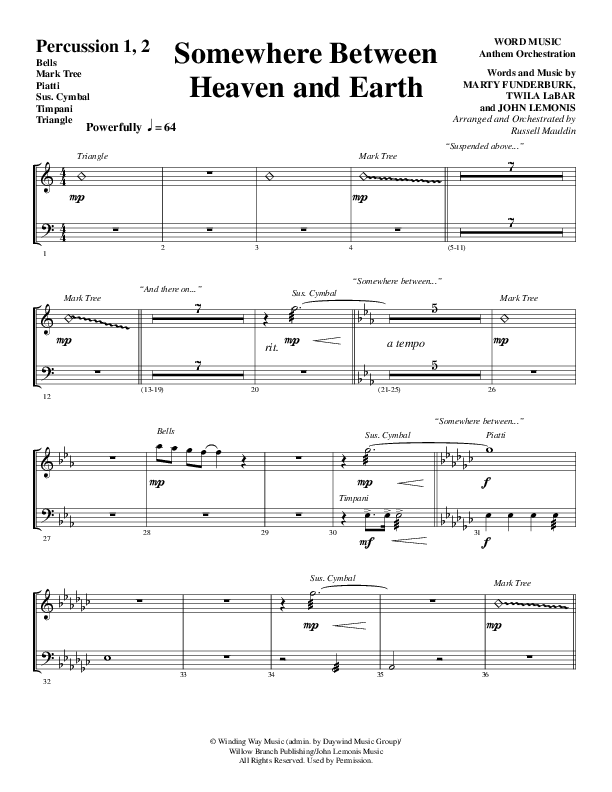 Somewhere Between Heaven And Earth (Choral Anthem SATB) Percussion 1/2 (Word Music Choral / Arr. Russell Mauldin)