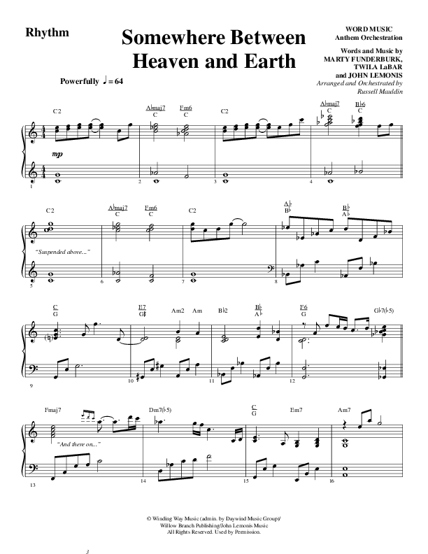 Somewhere Between Heaven And Earth (Choral Anthem SATB) Rhythm Chart (Word Music Choral / Arr. Russell Mauldin)