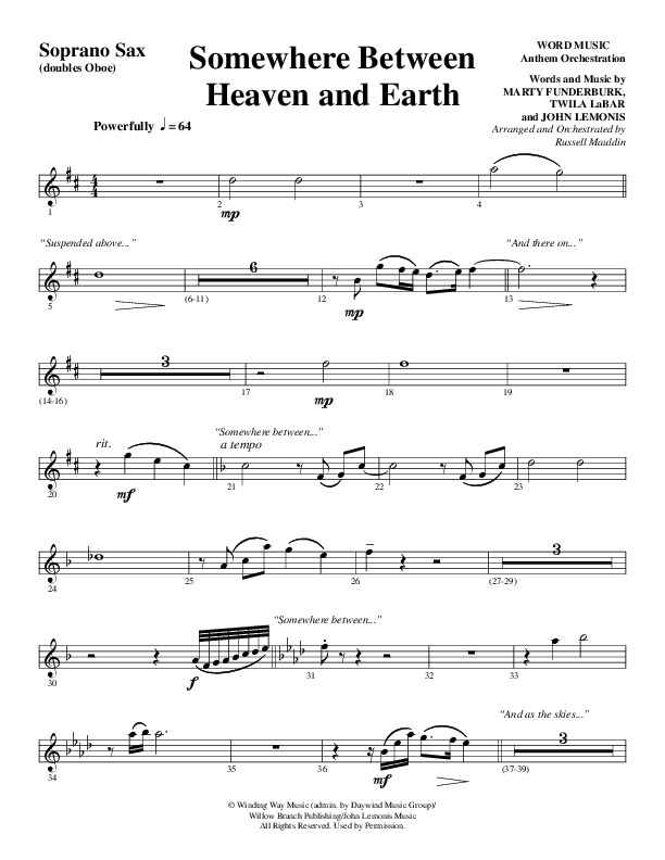 Somewhere Between Heaven And Earth (Choral Anthem SATB) Soprano Sax (Word Music Choral / Arr. Russell Mauldin)