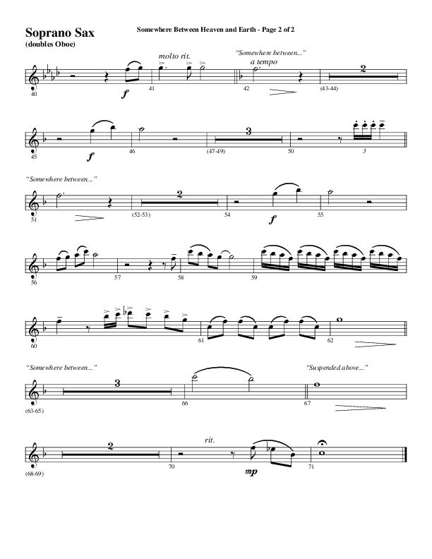 Somewhere Between Heaven And Earth (Choral Anthem SATB) Soprano Sax (Word Music Choral / Arr. Russell Mauldin)