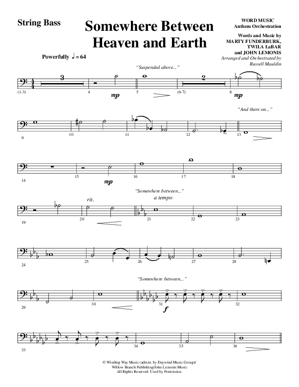 Somewhere Between Heaven And Earth (Choral Anthem SATB) String Bass (Word Music Choral / Arr. Russell Mauldin)