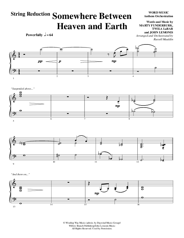 Somewhere Between Heaven And Earth (Choral Anthem SATB) String Reduction (Word Music Choral / Arr. Russell Mauldin)