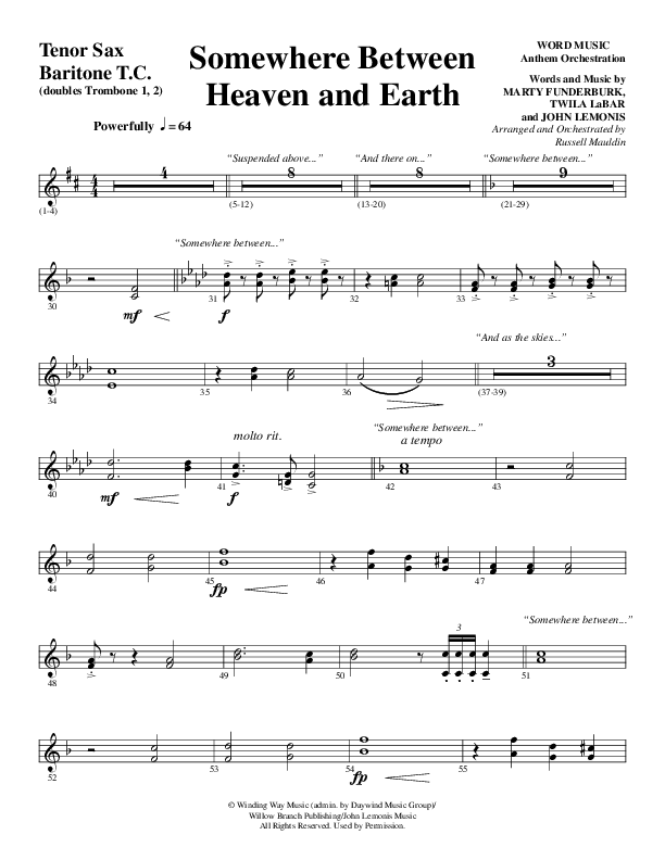 Somewhere Between Heaven And Earth (Choral Anthem SATB) Tenor Sax/Baritone T.C. (Word Music Choral / Arr. Russell Mauldin)