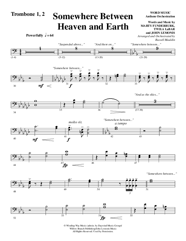 Somewhere Between Heaven And Earth (Choral Anthem SATB) Trombone 1/2 (Word Music Choral / Arr. Russell Mauldin)
