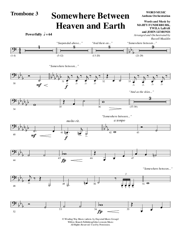 Somewhere Between Heaven And Earth (Choral Anthem SATB) Trombone 3 (Word Music Choral / Arr. Russell Mauldin)