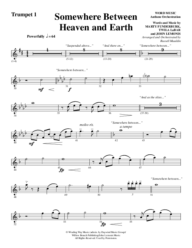 Somewhere Between Heaven And Earth (Choral Anthem SATB) Trumpet 1 (Word Music Choral / Arr. Russell Mauldin)