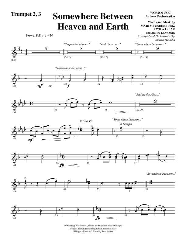 Somewhere Between Heaven And Earth (Choral Anthem SATB) Trumpet 2/3 (Word Music Choral / Arr. Russell Mauldin)