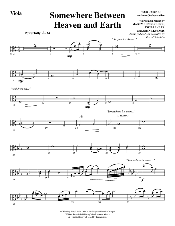 Somewhere Between Heaven And Earth (Choral Anthem SATB) Viola (Word Music Choral / Arr. Russell Mauldin)