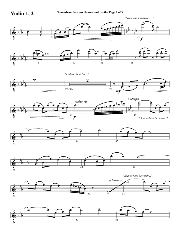Somewhere Between Heaven And Earth (Choral Anthem SATB) Violin 1/2 (Word Music Choral / Arr. Russell Mauldin)