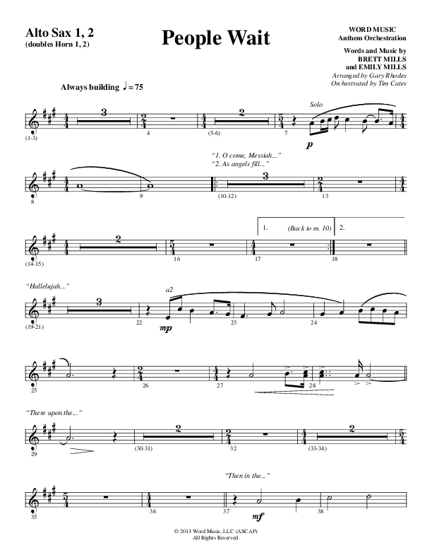People Wait (Choral Anthem SATB) Alto Sax 1/2 (Word Music Choral / Arr. Gary Rhodes / Orch. Tim Cates)