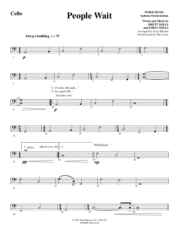 People Wait (Choral Anthem SATB) Cello (Word Music Choral / Arr. Gary Rhodes / Orch. Tim Cates)