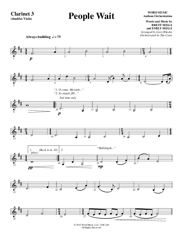 People Wait (Choral Anthem SATB) Clarinet 3 (Word Music Choral / Arr. Gary Rhodes / Orch. Tim Cates)