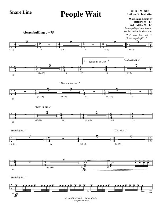 People Wait (Choral Anthem SATB) Snare Drum (Word Music Choral / Arr. Gary Rhodes / Orch. Tim Cates)